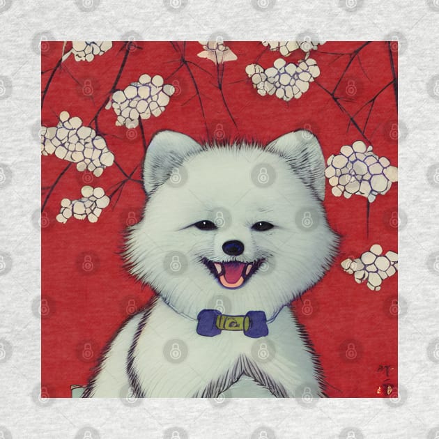 Cute White Pomeranian Husky Puppy Blossoms Happy Chinese New Year Dog Owner by Mochabonk